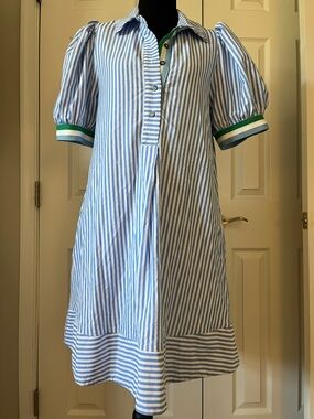 Entro Blue & White Stripe Dress | Puff Sleeve | Lined | Pockets Sz M EUC